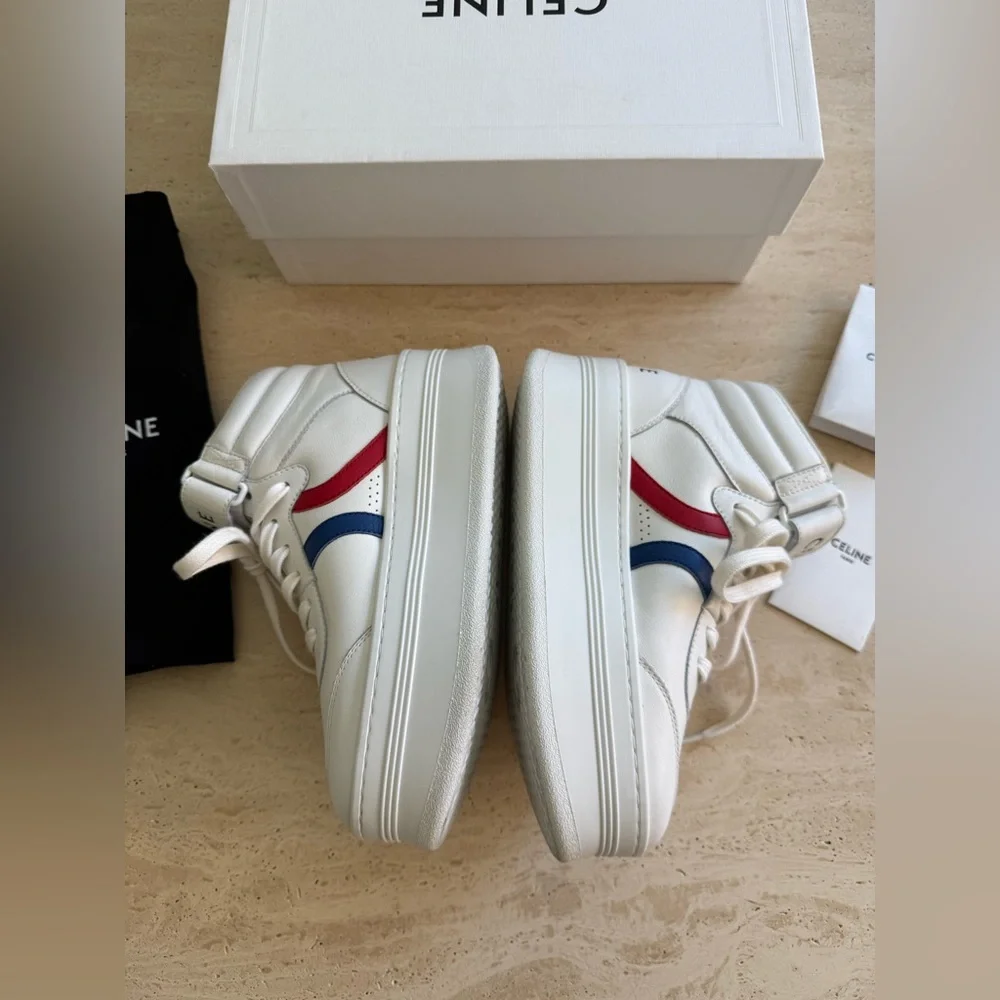 New Celine Mid Lace-up White Calf Skin Sneakers Size:37